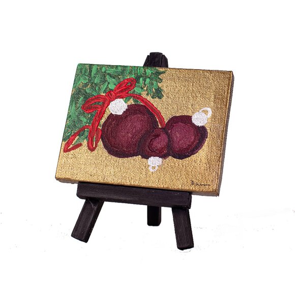 "Christmas Tree Ornaments I" Orig Table Art Painting w/Easel by Dawn M. Wayand - Picture 1 of 3